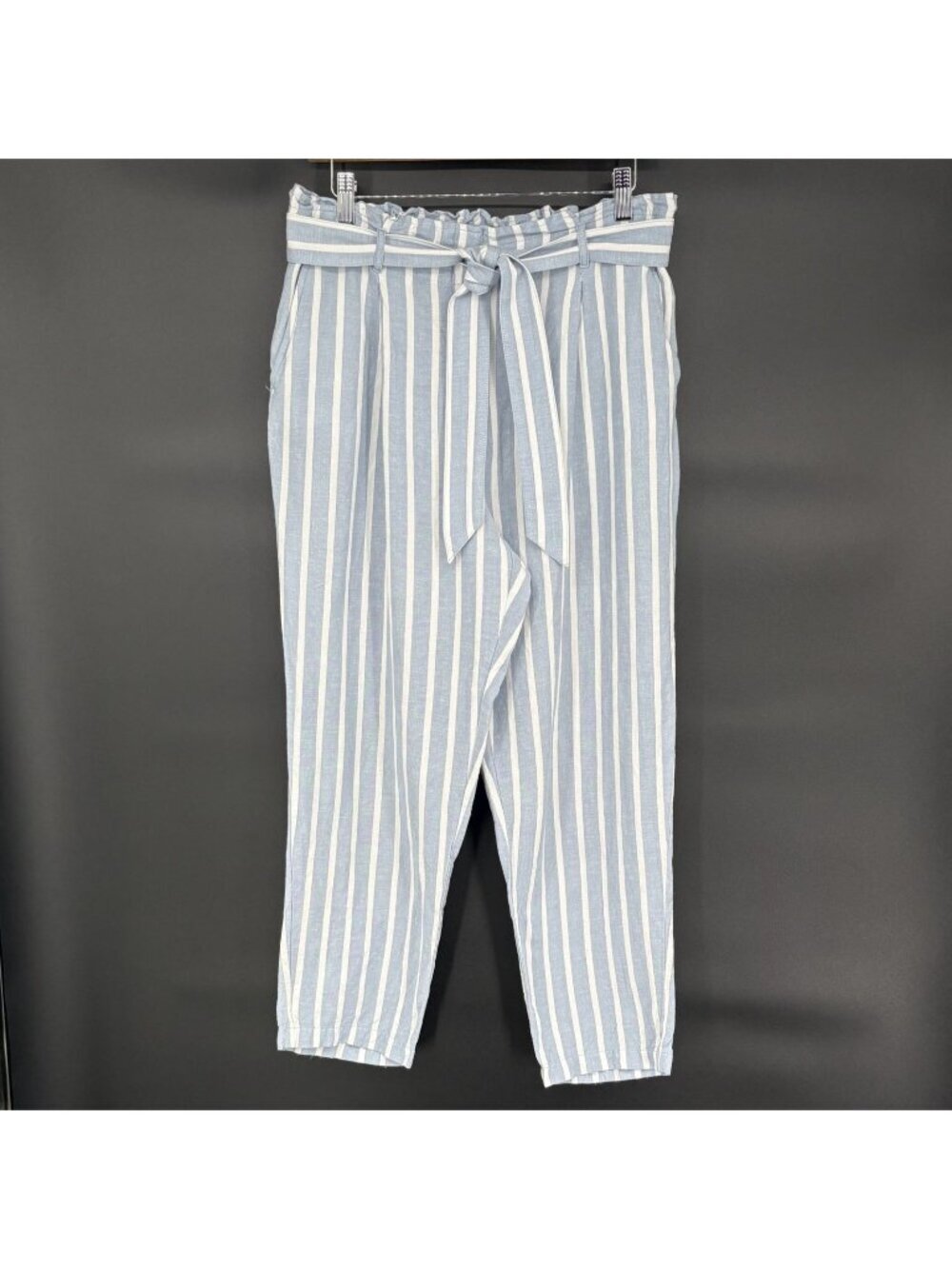 Loft Women's Linen Blend Paperbag Waist Pants M Blue White Striped Ankle Coastal